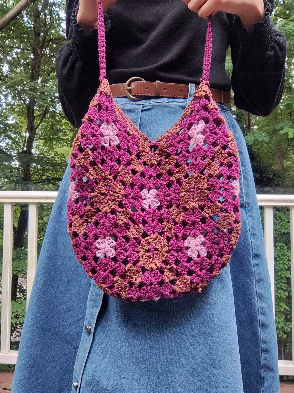 Handmade Crocheted Purple and Brown Shoulder Bag - Boho Women's Bag